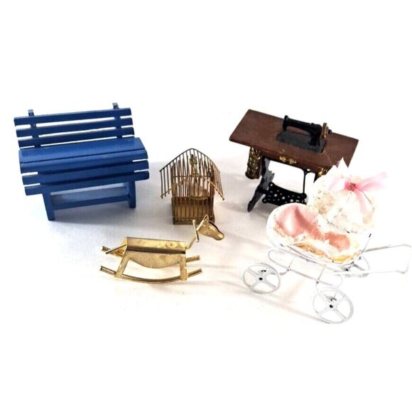 Vintage Other - VTG Dollhouse Victorian Style Furniture Desk Sewing Machine Nursery Birdcage